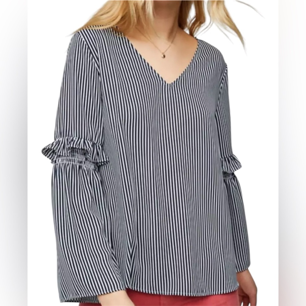 Loft EUC Navy Blue & White Striped Long Bell Sleeve Blouse
